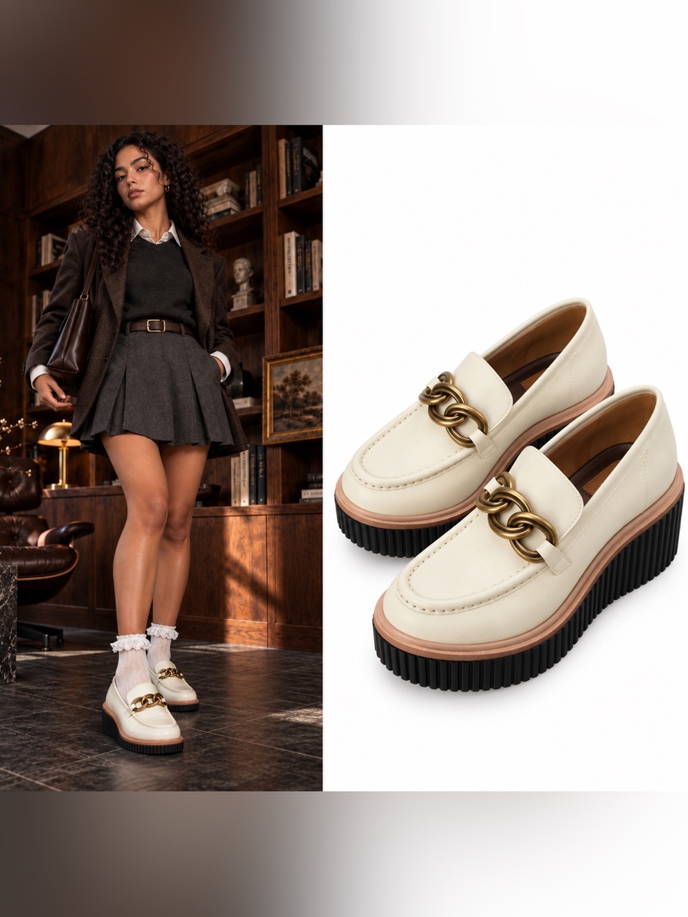 Dolce Vita Brenan Ivory Leather Gold Chain Platform Loafers Women’s 6